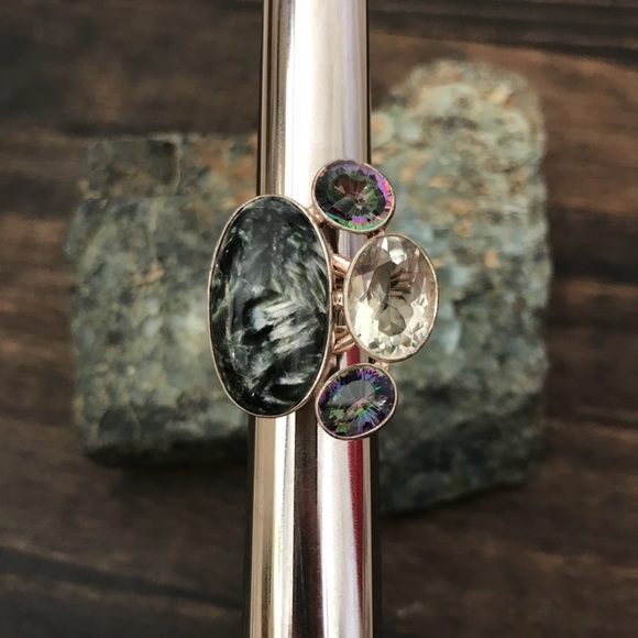 SERAPHINITE LEMON QUARTZ MYSTIC TOPAZ COMBO RING - Picture 2 of 7